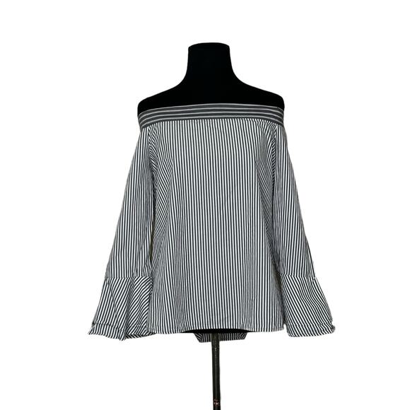 Loft gray white stripes off shoulder 3/4 sleeves blouse size small - Picture 10 of 13